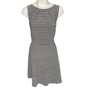 Elle Black White Stripe Pleated Neck Fit‎ & Flare Dress Sz Large